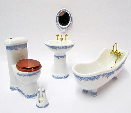 BAIE - Obiecte sanitare si Accesorii baie casuta papusi - Baie -obiecte sanitare baie PORTELAN alb/albastru set 5 piese DELUXE - miniaturi papusi/colectionari