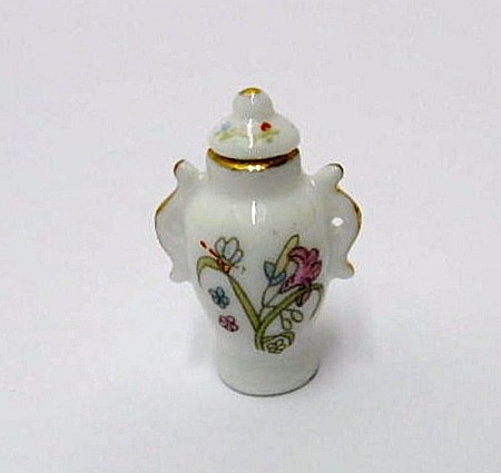 Servicii de masa, accsesorii si obiecte diverse din portelan pentru casuta papusi - Vaza din portelan pictat cu capac - miniaturi colectionari