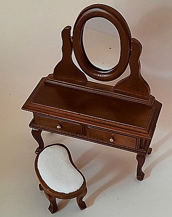 DORMITOR - mobilier si accesorii miniaturi papusi - Set toaleta si taburet din lemn culoara nuc - miniatura papusi 1:12