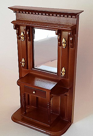 Salon - mobilier pentru casuta papusi si colectionari - Dulap cuier hol intrare din lemn culoare nuc - miniatura 1:12