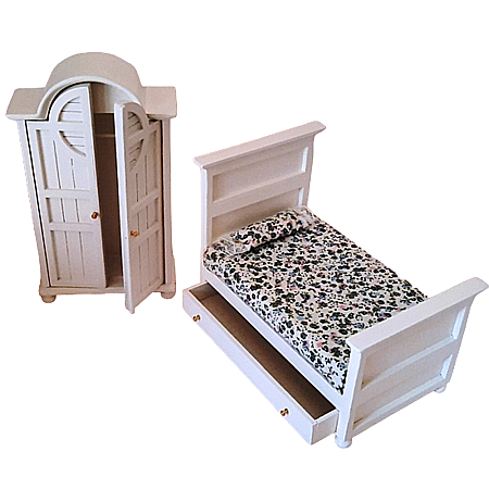 DORMITOR - mobilier si accesorii miniaturi papusi - Dormitor DeLuxe set 2 piese din lemn alb - miniatura casute de papusi