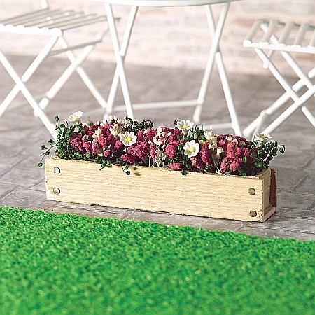 GRADINA - mobilier, decoratiuni si accesorii miniaturi papusi - Jardiniera din lemn natur cu flori - miniatura papusi