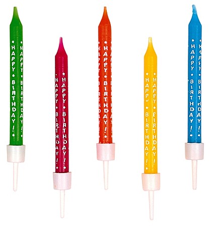LUMANARI PETRECERI ANIVERSARI - SET10 MINI LUMANARI HAPPY BIRTHDAY CU SUPORT