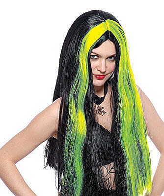 ACCESORII CARNAVAL - PERUCA PETRECERE DE VRAJITOARE NEGRU CU VERDE FLUO HALLOWEEN