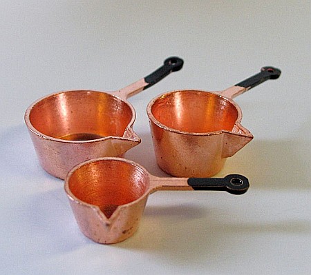 BUCATARIE - mobila, vase, ustensile, mancare, aparatura miniaturi papusi - Set 3 ibrice cu maner din cupru - miniaturi colectionari papusi