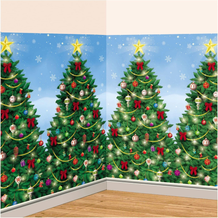POSTERE PENTRU PERETE SI ACCESORII - Decor de Perete urias cu Brazi Impodobiti – Scena Craciun dimensiune 1.2m x 12m, Amscan