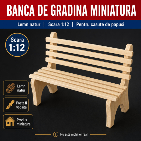 Banca de gradina din lemn natur, miniatura 1:12 pentru casute de papusi [0]
