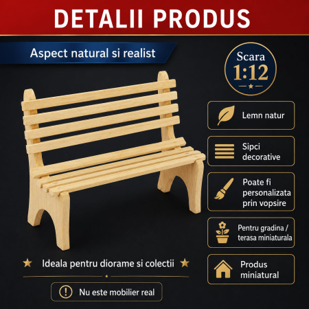Banca de gradina din lemn natur, miniatura 1:12 pentru casute de papusi [2]