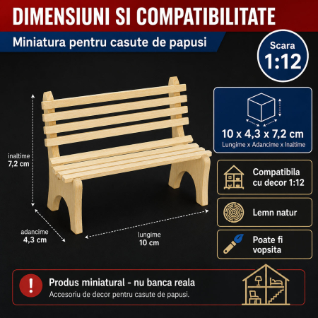Banca de gradina din lemn natur, miniatura 1:12 pentru casute de papusi [1]