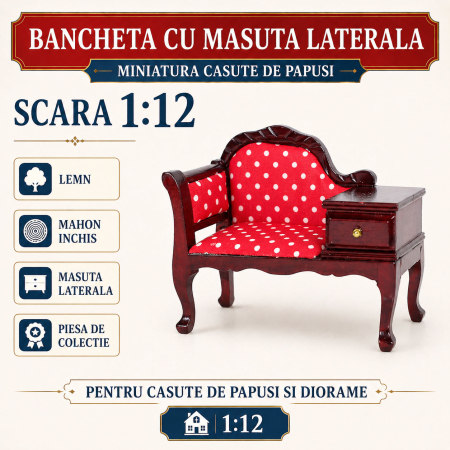 Living miniatural - Bancheta miniaturala cu masuta laterala, lemn mahon inchis, scara 1:12 pentru casute de papusi