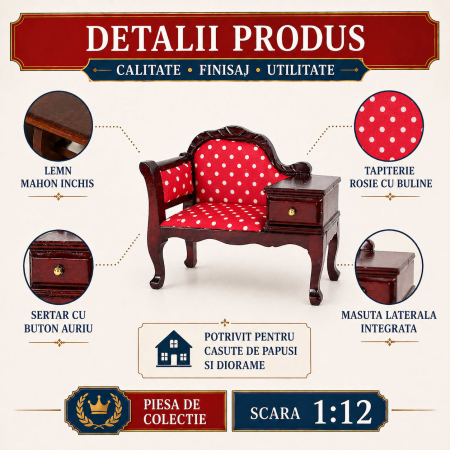 Bancheta miniaturala cu masuta laterala, lemn mahon inchis, scara 1:12 pentru casute de papusi [2]