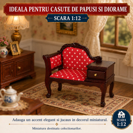 Bancheta miniaturala cu masuta laterala, lemn mahon inchis, scara 1:12 pentru casute de papusi [3]