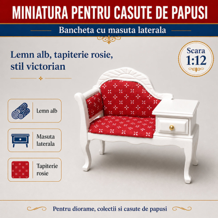MINIATURI CASUTE PAPUSI - Bancheta miniaturala cu masuta laterala si tapiterie rosie, scara 1:12 pentru casute de papusi