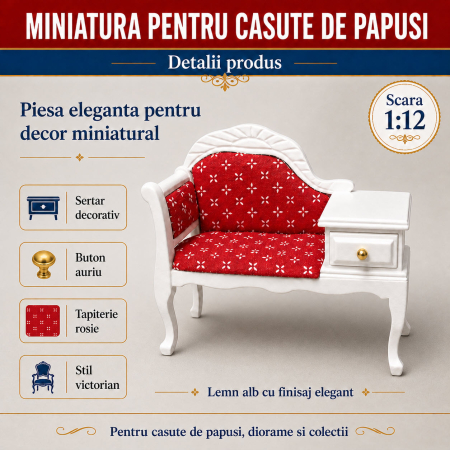 Bancheta miniaturala cu masuta laterala si tapiterie rosie, scara 1:12 pentru casute de papusi [1]