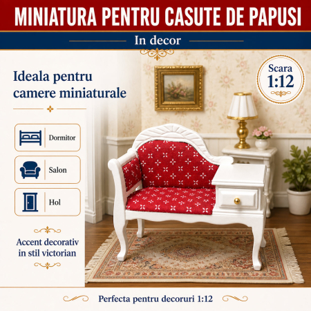 Bancheta miniaturala cu masuta laterala si tapiterie rosie, scara 1:12 pentru casute de papusi [3]