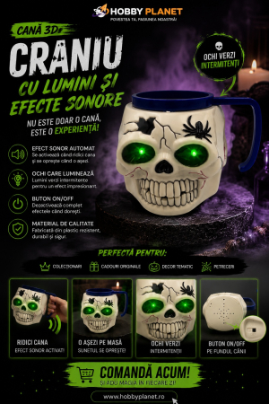 HALLOWEEN ACCESORIES - Cană 3D Craniu cu Lumini și Efecte Sonore
