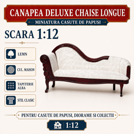 Living miniatural - Canapea DeLuxe tip chaise longue din lemn mahon, miniatura 1:12 pentru casute de papusi