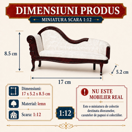 Canapea DeLuxe tip chaise longue din lemn mahon, miniatura 1:12 pentru casute de papusi [1]