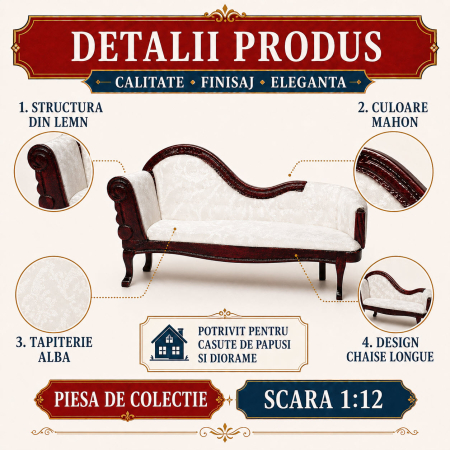 Canapea DeLuxe tip chaise longue din lemn mahon, miniatura 1:12 pentru casute de papusi [2]