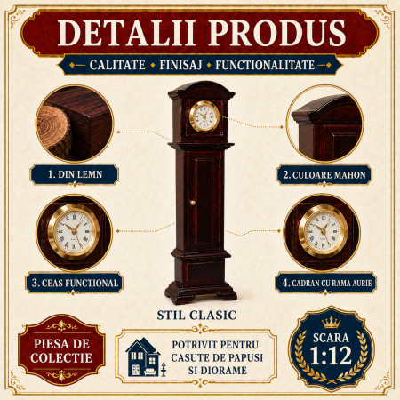 Ceas de podea tip pendula din lemn culoare mahon, miniatura 1:12 pentru casute de papusi [2]