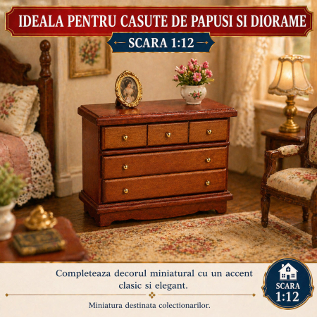 Comoda din lemn cires cu sertare functionale, miniatura 1:12 pentru casute de papusi [3]