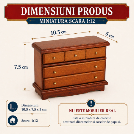 Comoda din lemn cires cu sertare functionale, miniatura 1:12 pentru casute de papusi [1]