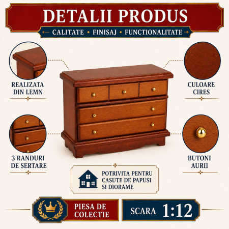 Comoda din lemn cires cu sertare functionale, miniatura 1:12 pentru casute de papusi [2]