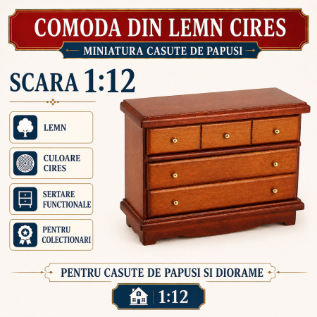 Living miniatural - Comoda din lemn cires cu sertare functionale, miniatura 1:12 pentru casute de papusi