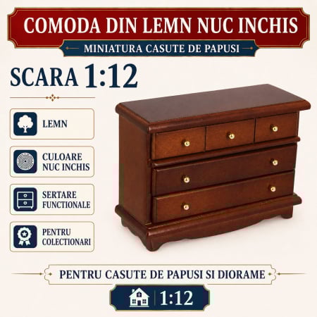 Living miniatural - Comoda din lemn nuc inchis cu sertare functionale, miniatura 1:12 pentru casute de papusi