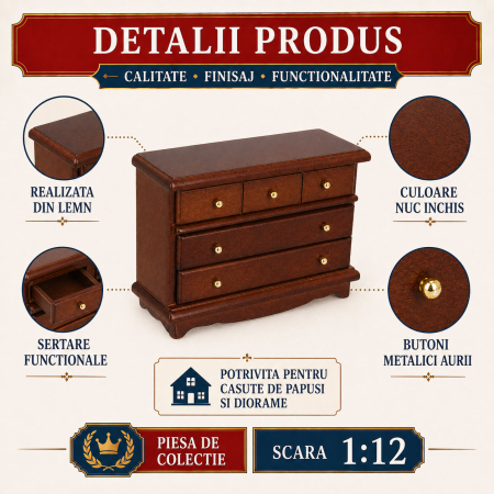 Comoda din lemn nuc inchis cu sertare functionale, miniatura 1:12 pentru casute de papusi [2]