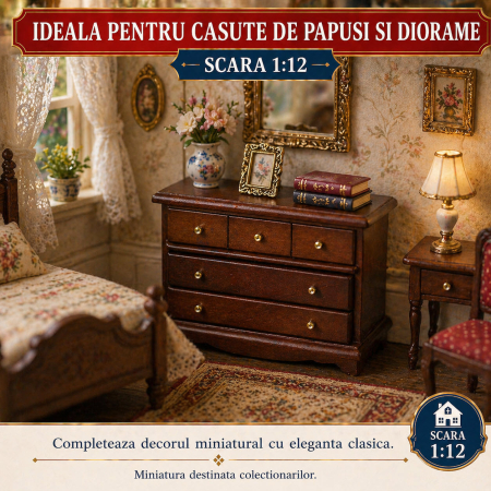 Comoda din lemn nuc inchis cu sertare functionale, miniatura 1:12 pentru casute de papusi [3]