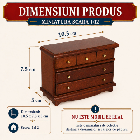 Comoda din lemn nuc inchis cu sertare functionale, miniatura 1:12 pentru casute de papusi [1]