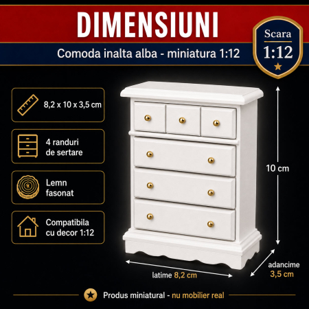 Comoda inalta cu sertare alba, miniatura 1:12 pentru casute de papusi [1]