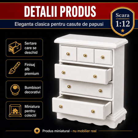 Comoda inalta cu sertare alba, miniatura 1:12 pentru casute de papusi [2]