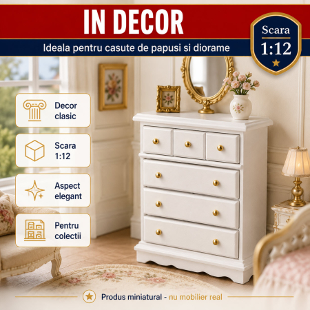 Comoda inalta cu sertare alba, miniatura 1:12 pentru casute de papusi [3]