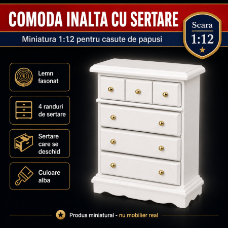 MINIATURI CASUTE PAPUSI - Comoda inalta cu sertare alba, miniatura 1:12 pentru casute de papusi