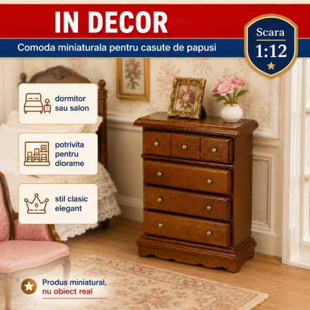 Comoda inalta cu sertare culoare nuc, miniatura 1:12 pentru casute de papusi [3]