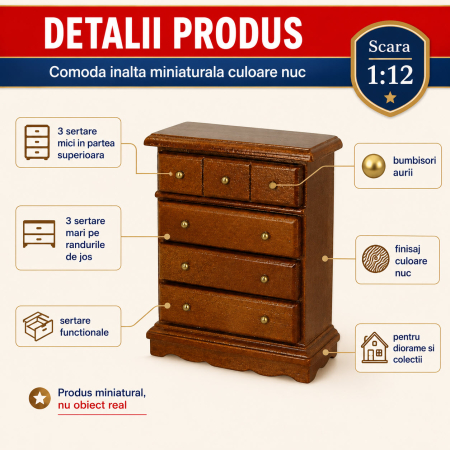 Comoda inalta cu sertare culoare nuc, miniatura 1:12 pentru casute de papusi [2]