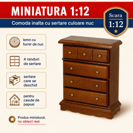 MINIATURI CASUTE PAPUSI - Comoda inalta cu sertare culoare nuc, miniatura 1:12 pentru casute de papusi