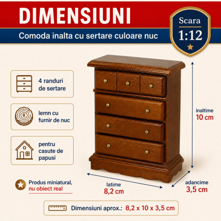 Comoda inalta cu sertare culoare nuc, miniatura 1:12 pentru casute de papusi [1]