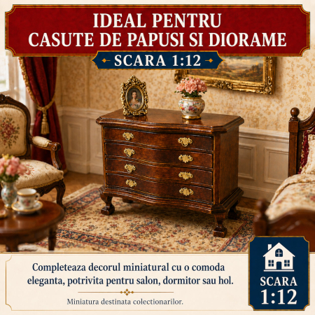Comoda tip bufet din lemn sculptat culoare nuc, miniatura 1:12 pentru casute de papusi [3]