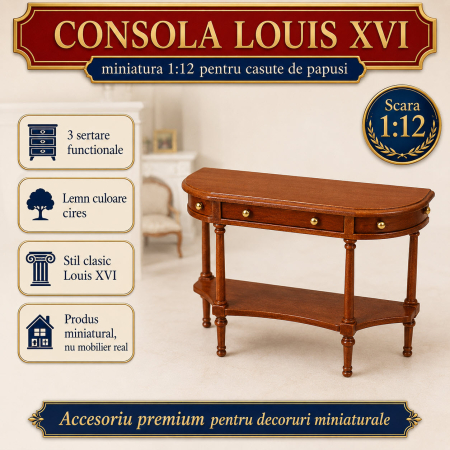 Consola Louis XVI din lemn culoare cires, miniatura 1:12 pentru casute de papusi
