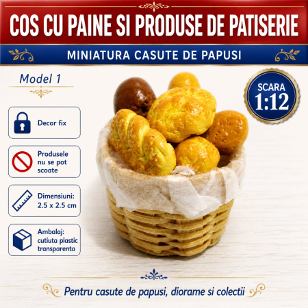 Cos cu paine si produse de patiserie, miniatura 1:12 pentru casute de papusi - Model 1
