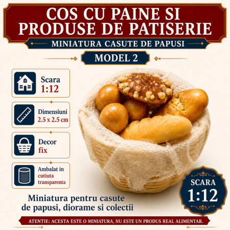 MINIATURI CASUTE PAPUSI - Cos cu paine si produse de patiserie, miniatura 1:12 pentru casute de papusi - Model 2