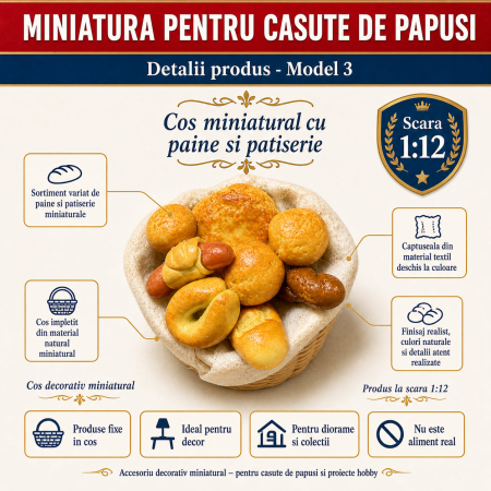 Cos cu paine si produse de patiserie, miniatura 1:12 pentru casute de papusi - Model 3 [2]