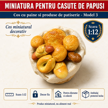 MINIATURI CASUTE PAPUSI - Cos cu paine si produse de patiserie, miniatura 1:12 pentru casute de papusi - Model 3