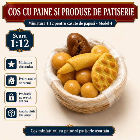 MINIATURI CASUTE PAPUSI - Cos cu paine si produse de patiserie, miniatura 1:12 pentru casute de papusi - Model 4