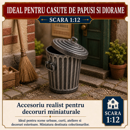 Cos de gunoi metalic cu capac mobil, miniatura 1:12 pentru casute de papusi [3]