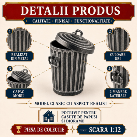 Cos de gunoi metalic cu capac mobil, miniatura 1:12 pentru casute de papusi [2]