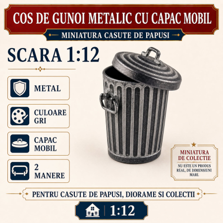 MINIATURI CASUTE PAPUSI - Cos de gunoi metalic cu capac mobil, miniatura 1:12 pentru casute de papusi